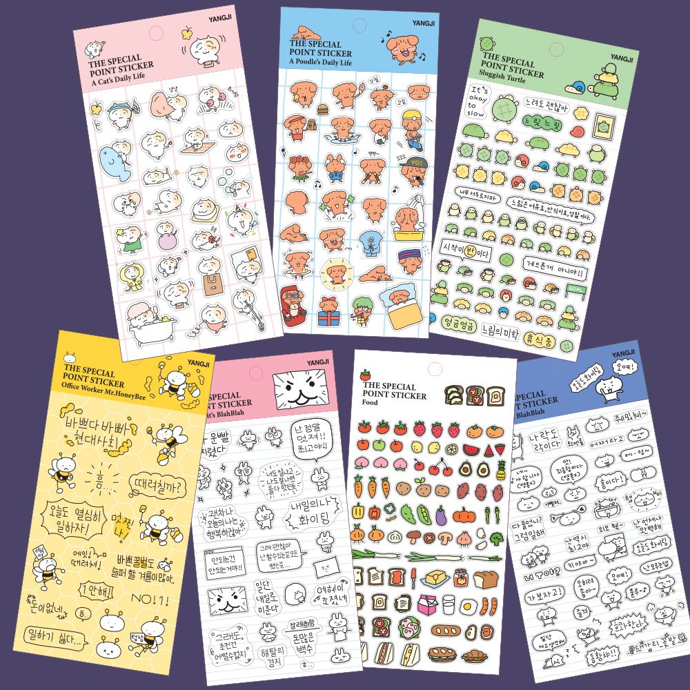 더스페셜-포인트스티커-유광투명스티커 7종(고양이,푸들,거북이,토끼,곰돌이,꿀벌,푸드)