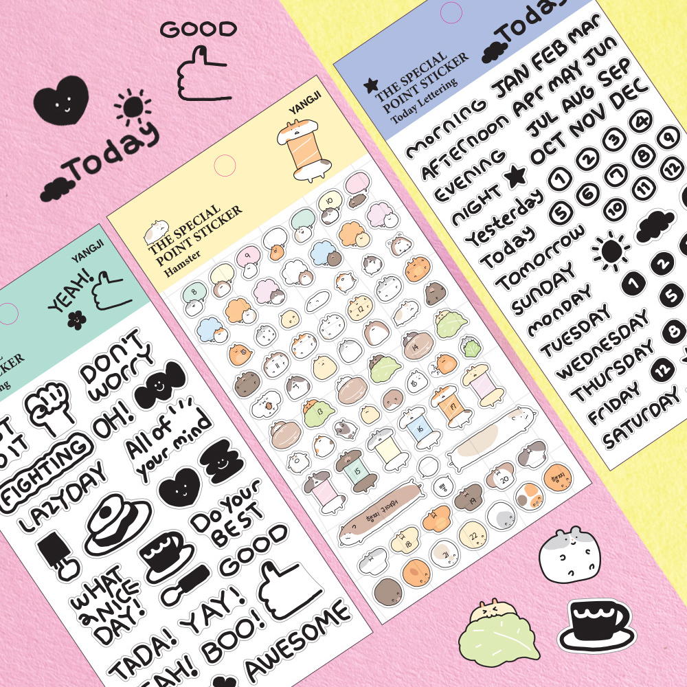 더스페셜-포인트스티커-무광투명스티커 3종(햄찌,투데이레터링,데일리레터링)